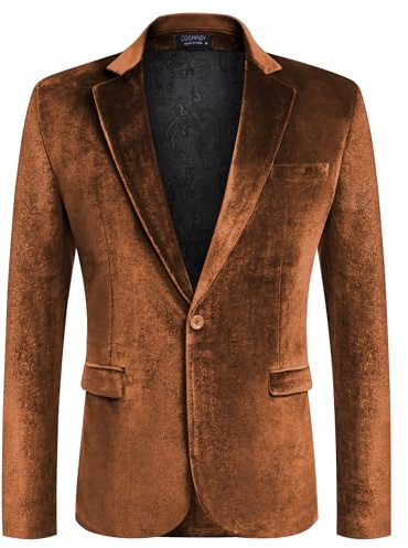 COOFANDY Men Velvet Blazer One Button Tuxedo Jackets Notched Lapel Velvet Prom Jacket (Brown M)