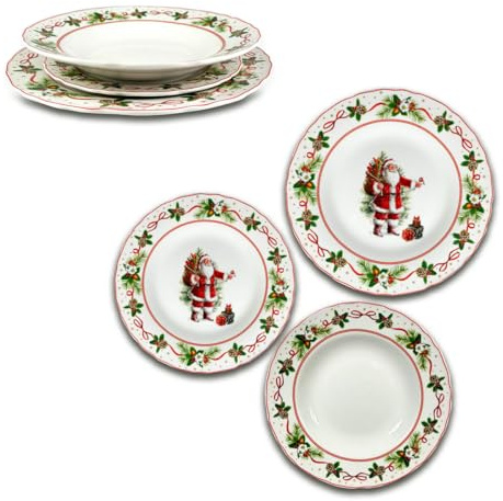 ARCA, Set di 18 Piatti in Porcellana, Servizio per 6 Persone, con Decorazione Natalizia Babbo Natale, Resistenti e Duraturi, Ideali per la Tavola, Idea Regalo Natale, in Diverse Misure