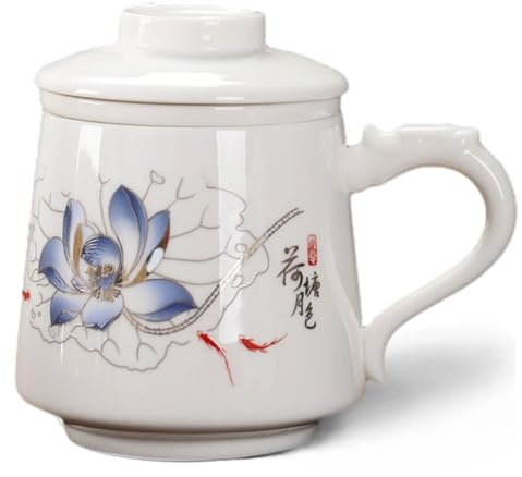 HwaGui Teebecher mit Teesieb und Deckel, Handbemalt Lotosblume Muster Keramik Tasse, Große Holzgriff Teebecher für den täglichen und Bürogebrauch, 350ml