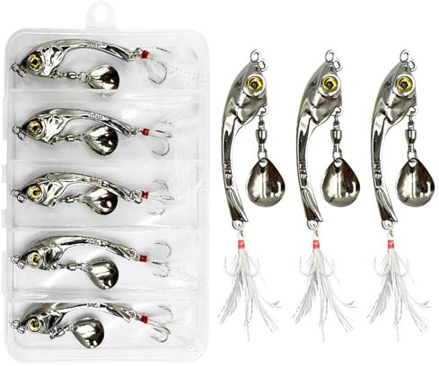 Yixinly 5 stycken jiggspinnare set 15 g i betesbox fiske metallsked bete spinnare med huvud i bly för abborre gädda gös, fiskepresenter för män, fiskedrag för söt- och saltvatten (silver)