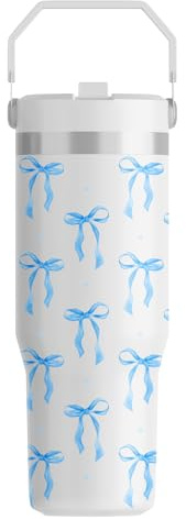 FOLAI Leakproof Flip Water Tumbler,30oz Stainless Steel Hot and Cold Water Bottle with Ergonomic Handle and Straw Keeps Cold For 12+ Hours,Ideal for Gym,Car,Beach-Easy to Carry Travel Mug(Blue bow)