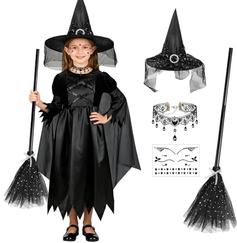 BITOYO Costume de Sorcière Noir pour Filles Déguisement d'Halloween Sorcière Filles avec Chapeau et Balai (130)