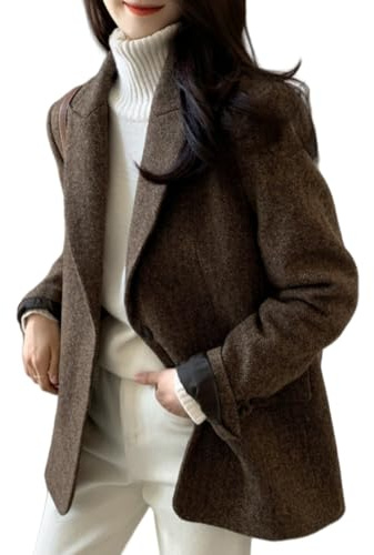 Blazer Mujer Chaqueta Blazer De Tweed con Espiga para Mujer Chaqueta De Traje Informal De Oficina con Abertura Frontal Elegante Gabardina De Mezcla De Lana De Dos Botones Abrigo De Invierno Tipo tre