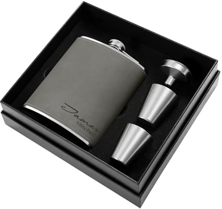 Personalised Hip Flask Gifts for Men 8oz Engraved Leather Hip Flask Set 304 Stainless Steel with Funnel and Cups, Custom Gift for Groomsman Best Man Father Wedding Birthday Christmas (Grey)