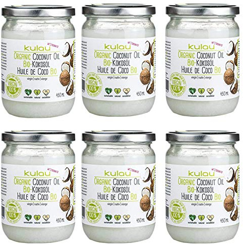 Kulau Bio Kokosöl für Haut & Haar, Kokosfett zum Kochen & Braten, Kokosnussöl nativ & kaltgepresst (6 x 450 ml)