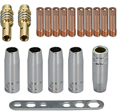 RIVERWELD 15AK MIG MAG Kontaktdüsen 0,6 mm M6 140.0008 Set, 18 Stück | .0233 Düse mit Düsenhalter Diffusor 002.0078 Mantel Konische Gasdüse 145.0075 Platte 191.0001 für MB15 Schweißbrenner