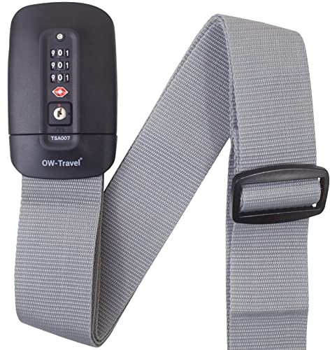OW-Travel Correas de Equipaje Personalizadas con candados para Maletas (1 Pieza) Correa de Equipaje TSA Fáciles de Ubicar con Etiquetas para el Equipaje. Cintas Maleta TSA (Gris)