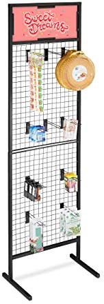 Relaxdays Gridwall Mesh Panel Display, Product Stand, 10 Hooks for Perforated Wall, Iron, HXD : 215x65.5x44.5 cm, Black