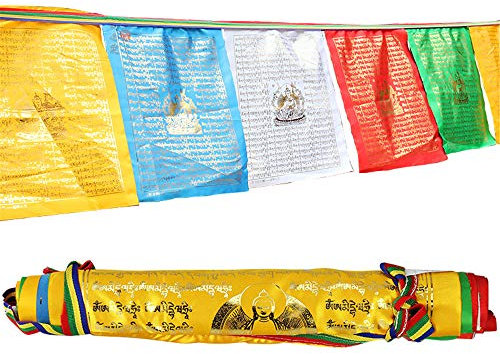 Gandhanra Golden Font Banderas de oración budistas tántricas tibetanas Banderines al aire libre,banderas de 10 pies/10piezas,promueven el amor,la compasión,la paz,la fuerza y la sabiduría