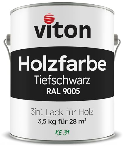 Viton Holzfarbe in Schwarz - 3,5 Kg Holzlack Seidenmatt - Wetterschutzfarbe für Außen - 3in1 Grundierung & Deckfarbe - Profi-Holzschutzlack - KE31 - RAL 9005 Tiefschwarz