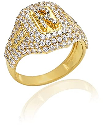 24 Karat Vergoldeter Siegelring mit Initialen Alphabet Personalisierter Unisex Ring, 925 Sterling Silber Zirkonia Ringe