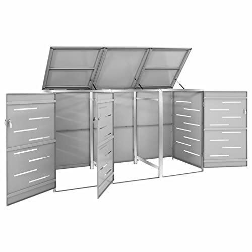 Festnjght 3er Mülltonnenbox Edelstahl Mülltonnenverkleidung 3 Tonnen Müllcontainer Müllbox Aussen Gartenbox Mülltonnenschrank Abfalltonnenschrank für 3 Mülltonnen Abschließbar