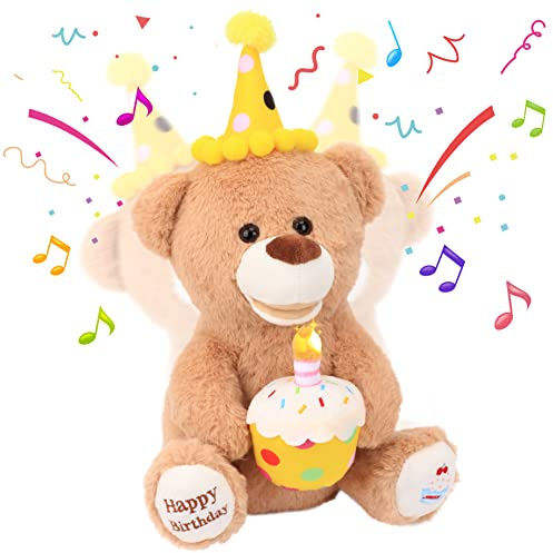 Hopearl Singender Geburtstagsbär Mit Leuchtender Cupcake - Tanzender Musikalischer Kuschelbär Als Interaktives Geschenk, Singend & Wackelndes Plüschspielzeug Für Jungen & Mädchen (38 cm, Braun)
