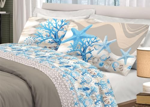 PELLECCHIA 1969 | lenzuola Fantasia Mare Coralli Conchiglie |Stampa Marina| Lenzuolo sopra + sotto con Angoli + Federa/e con Stampa in Entrambi i Lati | (Matrimoniale, Marina Azzurra)