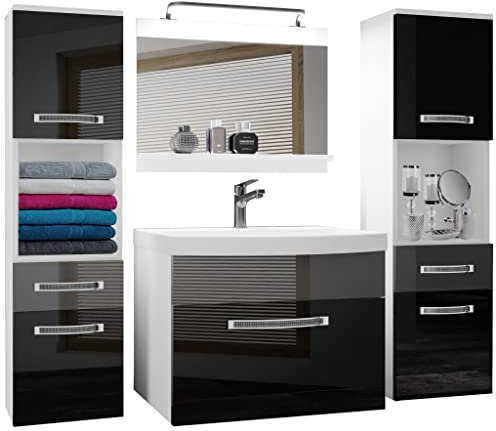 BELINI Meuble de Salle de Bain | Lavabo Inclus, Meuble sous-Vasque, Miroir et 2X Cabinet | Largeur: 140 cm | Kit d'éclairage Inclus | Couleur : Noir très Brillant/Argent très Brillant