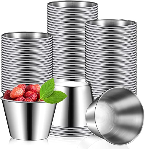 Mimorou 100 Pcs 2.5oz Metal Ramekins Stainless Steel Sauce Dipping Cups Ramekins Bulk Sauce Container Round Dipping Bowls Condiment Cup for Dish Butter Kitchen Restaurant Serving Party Dinner Cooking