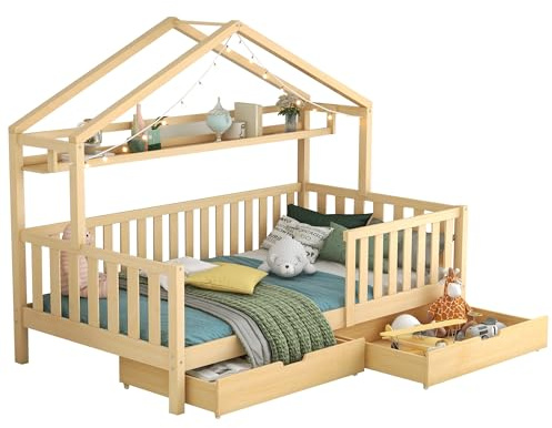 KecDuey Kinderbett in Holzfarbe,90x200cm Kinderbett Hausbett mit Schubladen,Massivholz mit Lattenrost, Kiefernholz Hausbett (Holzfarbe, 90 x 200 cm)