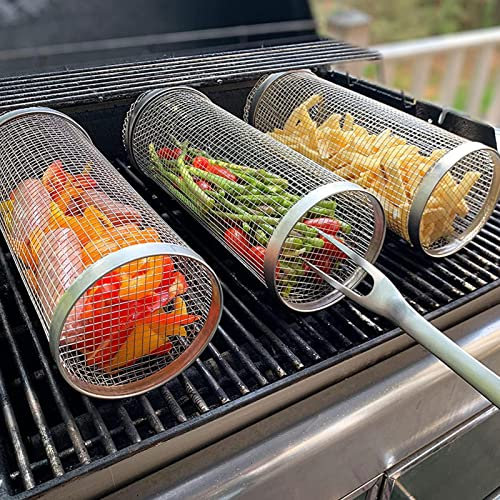 Tebinzi BBQ Grillkorb, Pommes Korb, Edelstahl Rolling Grillkorb mit Haken, Ofen Rotisserie Grill Korb Zylinder Grillkorb Grill Rack für Außengrill Gemüse, für den Gasgrill und andere Grill Arten