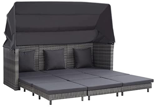 Yolola Ausziehbares 3-Sitzer-Schlafsofa mit Dach 3-Personen Sonnenliege Verstellbar Doppelliege Gartenliege Rattanliege Loungebett Outdoor Liegestuhl Sonnenliege Draußen Gartenmöbel Poly Rattan Grau