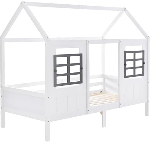 Hausbett,Einzelbett,Tagesbett,Kinderbett mit 2 Fenstern,Rahmen aus Kiefer,MDF,weiß (200x90cm)