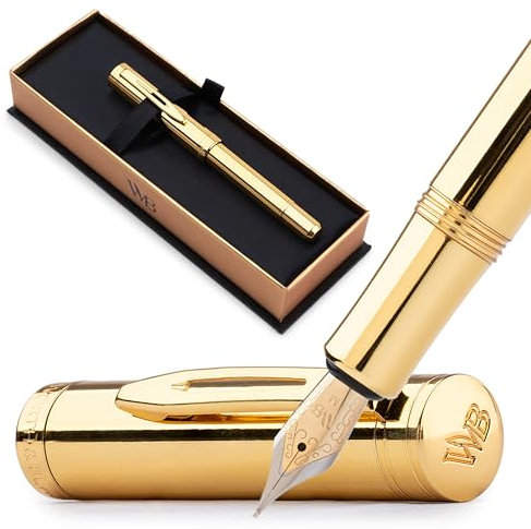 Wordsworth and Black Fountain Pen Mini EDC: Luxury Gold Heavy Pocket Pen, Gold Finish, Medium Nib, 6 Ink Cartridges, Ink Converter, Travel Refillable Writing Pen Gift Set, Men & Women