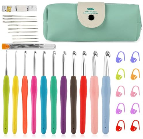 Aililong Häkelnadel Set (32 Stück) - 11 Größen (2mm-8mm) mit Ergonomischem Gummigriff & Aufbewahrungstasche, Vollständig Zubehör für Anfänger & Experten, Rutschfest für Langzeit-Häkeln