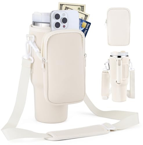 PRAOAHEI Flaschenhalter mit Tasche, Kompatibel 40oz Thermoskannen mit Strohhalm und Deckel für Stanley Cup, Wasserflaschenhalter mit Verstellbarem Riemen, Geeignet Zum Wandern Laufen Radfahren