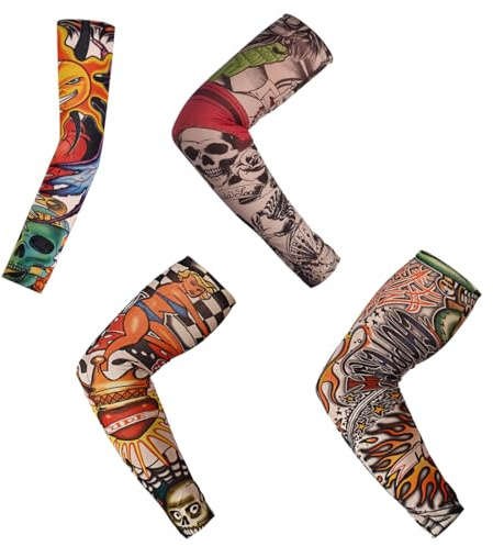 WeddHuis 4 Pcs Tattoo Ärmel Set Gefälschte Sonnencreme Armlinge Tattoo Ärmel Tattoo Armstrumpf für Männer Frauen Nylon Temporäre Tätowierung Tattoo Strumpf Arm für Karneval Fasching Party