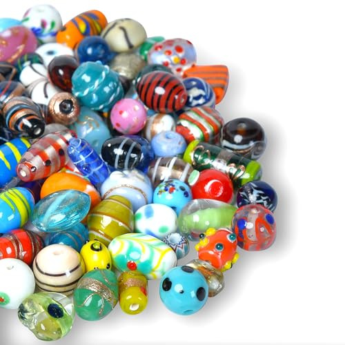 Craft Attic 1 LB Assorted Glass Beads for Jewelry Making, Lampwork Murano Mix for Bracelets and Necklaces, Crafting Supplies Kit, Large & Small (Assorted 200) | Jewelry Making, Lampwork Murano Bead Mix, Bracelets and Necklaces, Crafting Beads Supplies Kit, Large & Small Beads