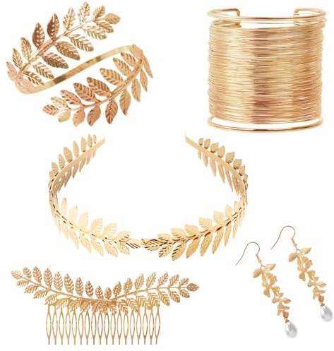 FUKPO Diosa Griega Accesorios, Diadema Griega Mujer Niña Brazalete Dorado Brazo, Corona Laurel Romana Diadema Dorada Hojas Pendientes Fiesta Boda Disfraz Bandeau Cheveux Diademe
