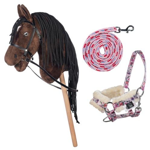 HKM Kids Hobby Horse, Braun, mit Halfter und Führstrick in Rosa mit Blümchenmuster, Steckenpferd für Kinder, Pferde Spielzeug
