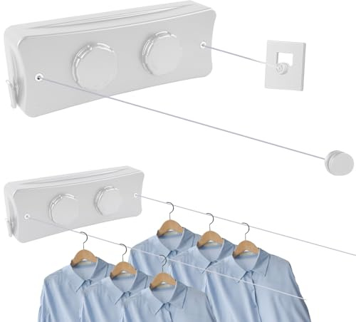 Yallmie 5,1m Wand Wäscheleine Ausziehbar Edelstahl, Doppelseil Einziehbare Wäscheleine Tragfähigkeit 44 Pfund Retractable Clothesline Indoor für Balkon Waschküche Hotel Badezimmer Schlafzimmer