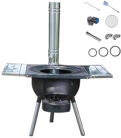 Outdoor Wood Burning Stove, Portable Stove with Folding Plate and Chimney Pipe, Removable Legs for Cooking Camping Tenting Fishing Load Capacity 150kg(48 * 48 * 52cm)