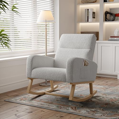 Sillones de salón mecedora acolchada, silla escandinava con base de madera felpa, 2 bolsillos laterales, sillón 1 plaza (gris claro)