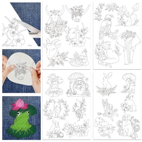 Hobbspring 4 Blatt Wasserlösliche Stickmuster 29.7x21cm Stick Und Stich Stickpapier Mit Tiermotiv Selbstklebendes Stick Transferpapier Mit Ochsen Und Vogelmuster Für Hemden