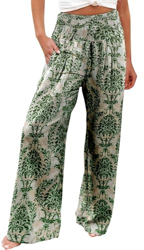PAIDAXING Pantalones palazzo de pierna ancha con estampado floral bohemio para mujer, cintura alta, de lino, pantalones de verano, elegantes, holgados, para salir, oficina, trabajo, parte inferior