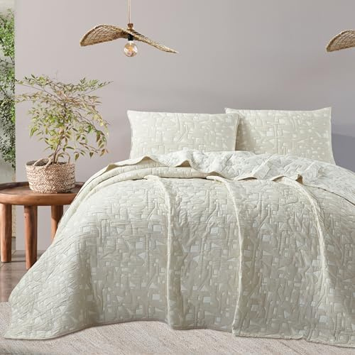 NOVOTEXTIL Colcha Jacquard Cama 135 (235x270) – Diseño Minimalista y Elegante – Algodón y Microfibra – Incluye 2 Fundas Almohada (50x70) – Cubrecama Acolchado para Verano y Entretiempo (Sofía)