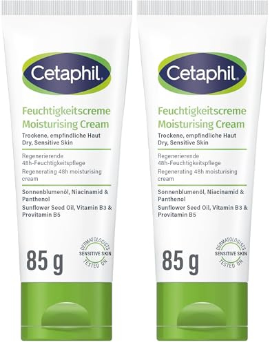 Cetaphil Feuchtigkeitscreme, 85ml, Für trockene, empfindliche Haut, Spendet intensiv 48h Feuchtigkeit und stärkt die Widerstandskraft, Mit Vitamin B3, Provitamin B5, Sonnenblumenöl, Mandelöl, Glycerin