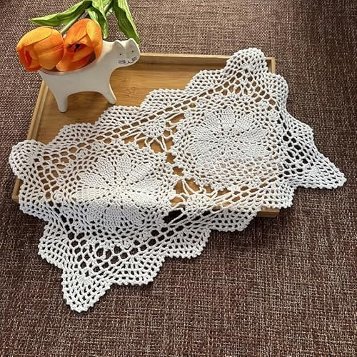 YKAFADE 2 Stück Vintage Handgehäkelte Spitzendeckchen,Blume Tischdecke Tischläufer gehäkelte Untersetzer Rechteck Platzset Dekorative Tischsets Häkeldeckchen Abwaschbar für Küche Esszimmer,Weiße