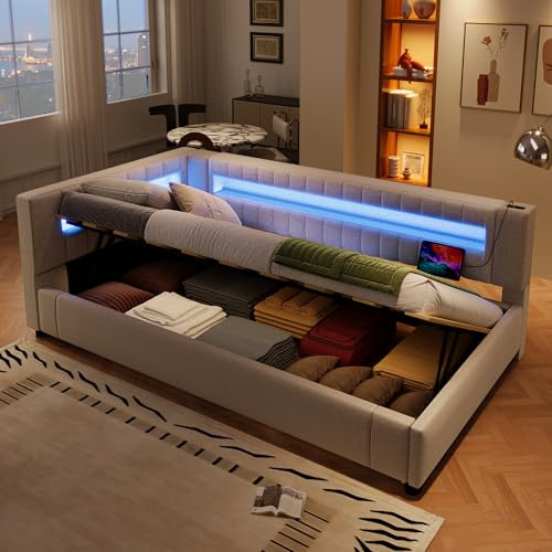 Polsterbett Schlafsofa 90x200cm, Einzelbett mit Hydraulischem Stauraum, mit USB-Ladefunktion, LED-Lichtleiste mit am Ende des Bettes, Tagesbett bett mit Lattenrost (Beige mit Hydraulischem, 90x200CM)