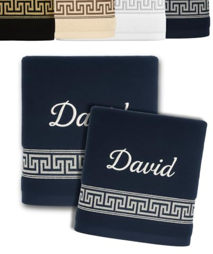 2er Pack Personalisiertes Handtuch und Badetuch mit Namen und dekorativer Stickerei Schön gestickter Name Handbadetuch 100% Baumwollhandtuch 50x100cm+140x70cm Personalized Towel with Name (Dunkelblau)