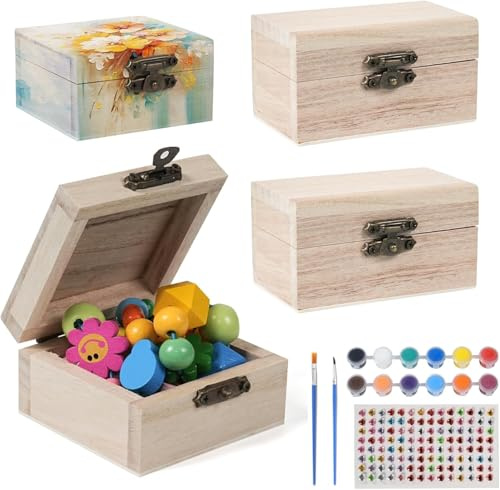 Prebarfun 4 PCS Wooden Box with Hinged Lid, Mini Unfinished Wooden Treasure Chest, DIY Craft Storage Organizer Box for Home Table Decoration, 6.8x6.8x4cm & 9x5.5x5cm