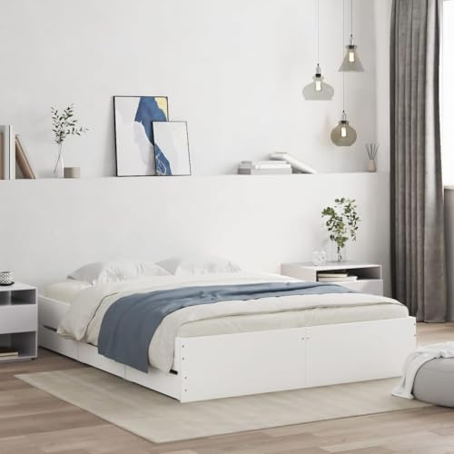 CIOURSTO Bed Frame, Engineered Wood Material, Wooden Bed with Storage Drawers, Plywood Slats, Bedroom Furniture (150 x 200 cm)