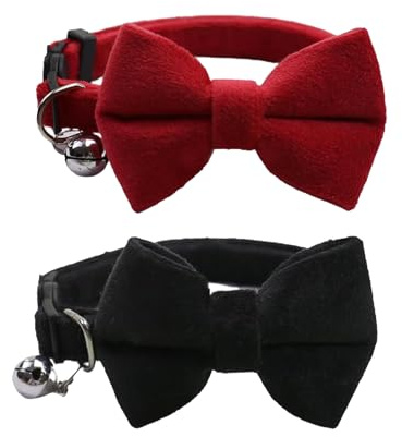 VYNZOR 2 Stück Halsband Katze Katzen halsbänder Samt Katzenhalsband mit Glöckchen und Fliege verstellbar für kleine Welpen Sicherheitsfliege einfarbig für Hochzeiten Grundfarbe Katzen-Fliege