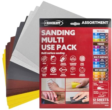 Rocket 12 Pack Hand & Machine Sanding Sheets Multi Grit 28x23cm | Wet & Dry Sandpaper - 40/80/120/240/400/600/1200 for Wood, Walls, Metal & Plastic