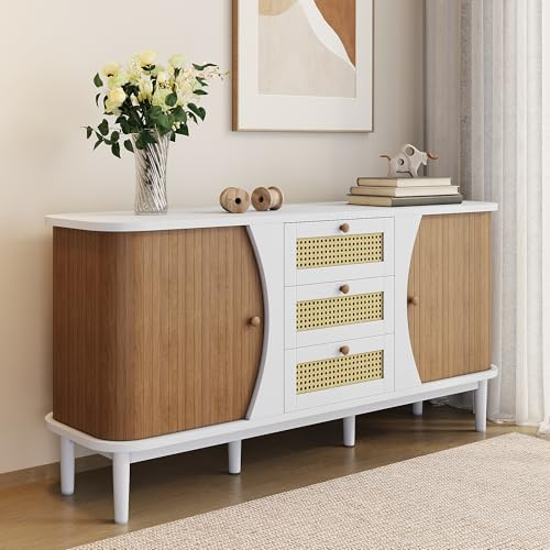FammyLoft Aparador con puertas correderas, cómoda con estantes ajustables, tablero alto con placa abovedada, armario con cajones, para entrada/salón/comedor, 140 x 40 x 76 cm, color blanco