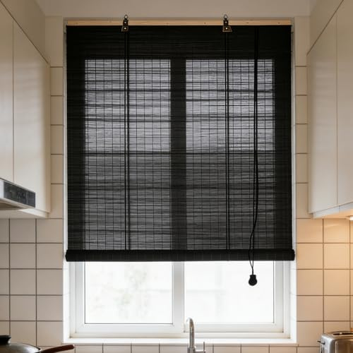 100x100cm Schwarz Bambusrollo für Fenster Sonnenschutz Sichtschutz Bambus Raffrollo Mit Lifter Outdoor Rollo Wetterfest Anti-UV Blackout Jalousie für Garten Terrasse Balkon Dekoration