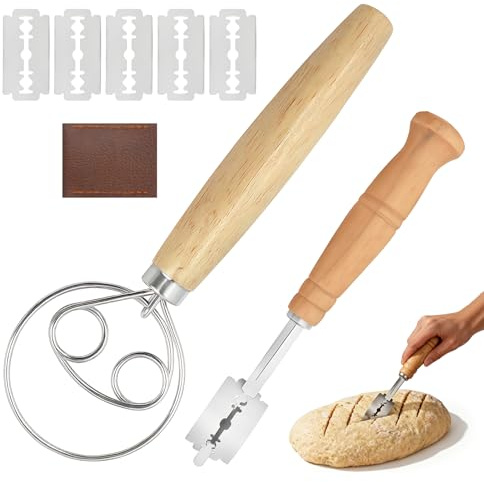 2PCS Dough Whisk and Bread Lame Set, Sourdough Scoring Blade with Wooden Handle, Bread Scorer Tool for Home Baking, Includes Replaceable Blades and Storage Bag