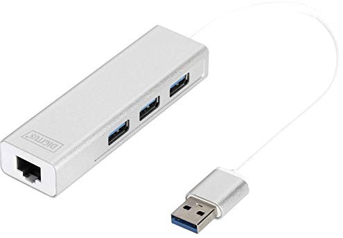 DIGITUS USB-Hub - 3 Ports - RJ45 Ethernet-Anschluss - Super-Speed USB 3.0 - 5 GBit/s - Gigabit LAN - Aluminium-Gehäuse