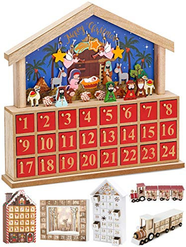 BRUBAKER Calendario de Adviento de Madera Reutilizable para Rellenar - Belén con 24 Puertas - DIY Calendario de Navidad 34.5 x 32 x 6 cm
